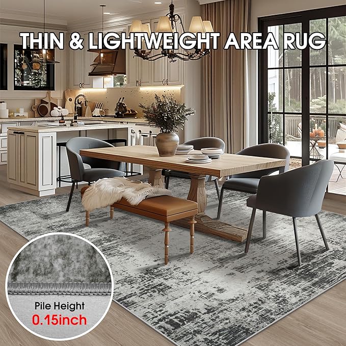 Area Rugs 8x10 Living Room Rugs: Modern Abstract Washable Rug with with Non-Slip Backing, Stain Resistant Indoor Floor Large Carpet for Bedroom Dining Room Table Nursery Hallway Home Office-Black/Gray-CubbioJoy