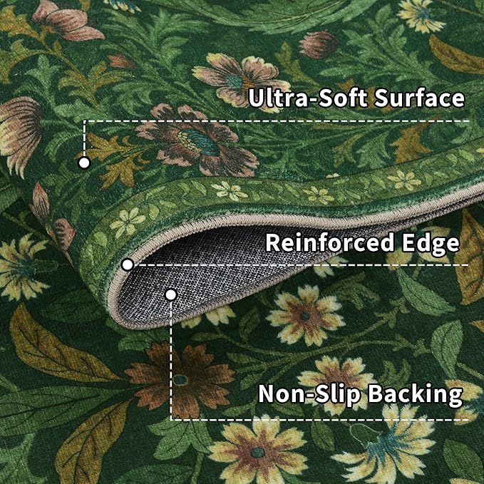 8x10 Washable Area Rug for Living Room, Large Vintage Dark Green Floral Rugs, Soft Non-Slip Stain Resistant Boho Lightweight Carpet for Bedroom Dining Room Nursery Home Office-CubbioJoy