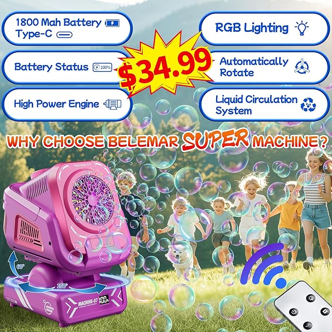 2025 Upgraded Bubble Machine with Remote Control, Automatic Rotation & RGB Lights, 1800mAh Rechargeable Battery, Type-C Charge, Bubble Maker for Kids, Weddings, Birthday Parties, Outdoor Activities-CubbioJoy