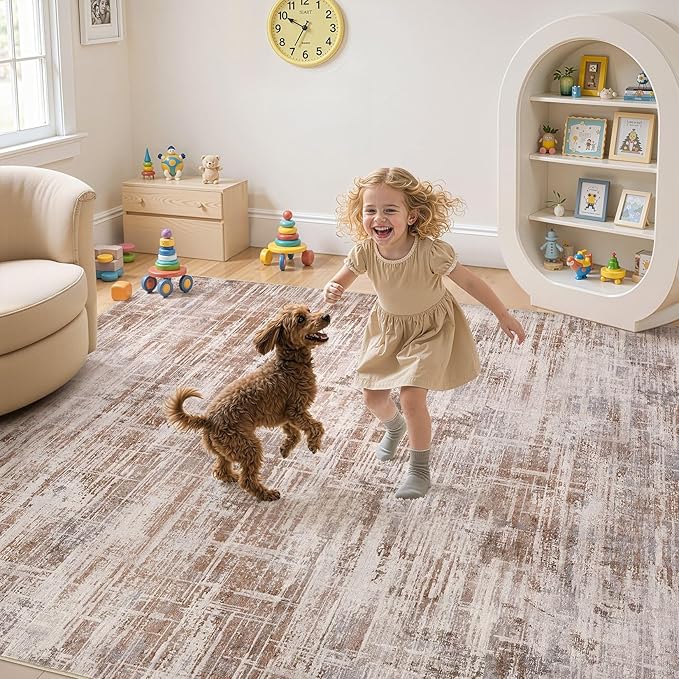 Area Rug for Living Room: 12x15 Washable Neutral Abstract Modern Soft Rugs Non Slip Indoor Floor Stain Resistant Large Carpet for Bedroom Dining Room Office Nursery - Red Brown-CubbioJoy