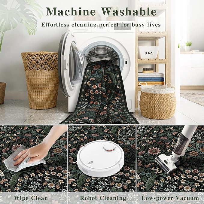 9x12 Black Vintage Floral Area Rug,Washable Large Boho Living Room Rugs,Botanical Print Non-Slip Stain Resistant Lightweight Carpet for Bedroom Dining Room Nursery-CubbioJoy