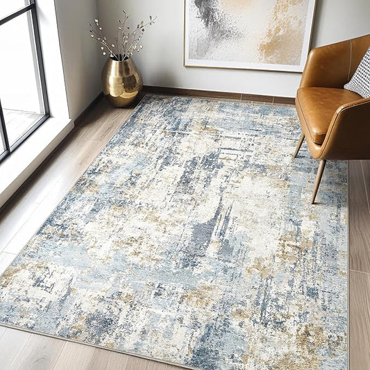 4x6 Rug Washable Area Rugs: Abstract Modern Soft Stain Resistant Indoor Floor Accent Non Slip Carpet for Living Room Entryway Kitchen Bedroom Nursery Office Bedside Home House Decor- Blue-CubbioJoy