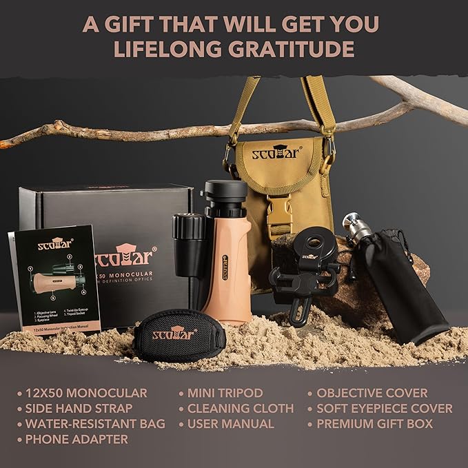 12x50 Monocular Telescope - FMC Fogproof, IP67 Waterproof Hand Held Telescope - BAK4 Phase and Dielectric Coated Prism - Adventure Accessories Set: Bag, Smartphone Adapter, Mini Tripod-CubbioJoy