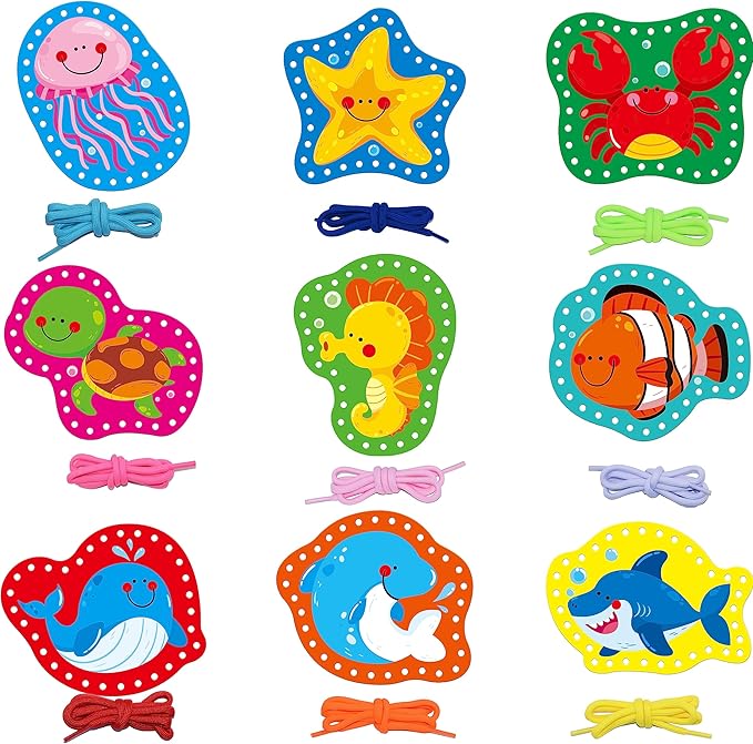 9 Pieces Kids Lacing Cards, Double Sided Sewing Cards in 9 Marine Animal Cards with 9 Colorful Laces, Imagination Development Lacing Toys Games for Children Educational and Learning Activity-CubbioJoy