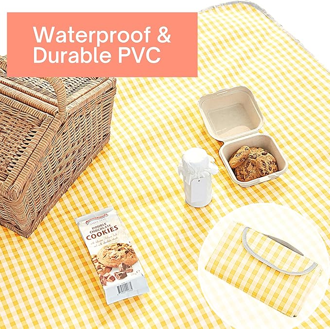 Cute Gingham Picnic Blanket, Waterproof Foldable, in Large 80x60in and Extra Large 80x80in, Portable Compact Beach Blanket, Oversized XL Outdoor Mat (Yellow, Large)-CubbioJoy