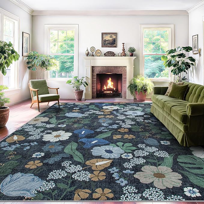 Area Rug Living Room Rugs: 6x9 Washable Rug Vintage Floral Soft Boho Non Slip Carpet Indoor Floor Non Shedding Low Pile Thin Carpets for Bedroom Dining Room Farmhouse Nursery Home Office Blue-CubbioJoy