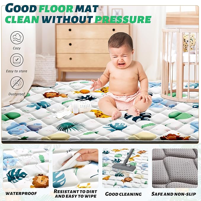 Baby Play Mats for Floor, 59x59 Playpen Mat for Babies, Extra Thicker & Soft Floor Crawling Mat, Foldable Non-Slip Playmat Cushioned for Infants Toddlers, Cute Animal Design-CubbioJoy