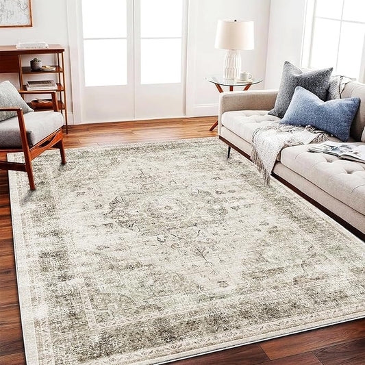 Area Rug 6'x9' Washable Vintage Floral Khaki Traditional Floor Cover Thin Retro Kitchen Indoor Distressed Non Slip Carpet for Living Room Bedroom Dining Room-CubbioJoy
