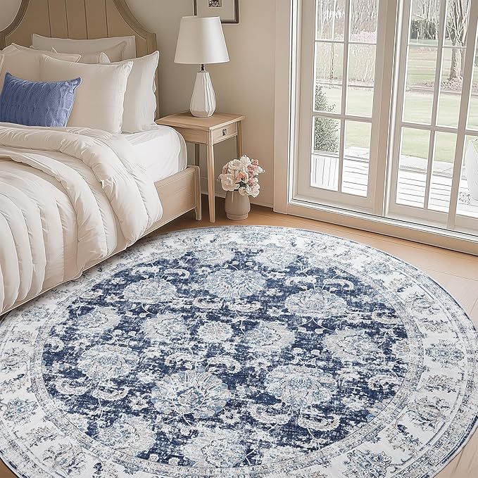 jinchan Round Rug 7ft Area Rugs Vintage Floral Distressed Design Machine Washable Non-Slip Low-Pile Ultra-Thin Circle Rug for Living Room Dining Room Bedroom Home Office Farmhouse (7' Round,Dark Blue)-CubbioJoy