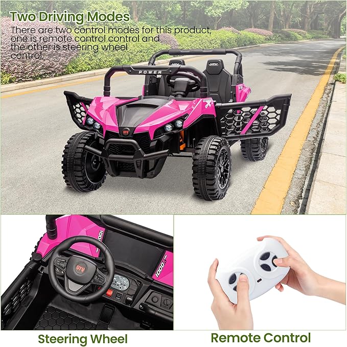 24V 2 Seater Ride On Car Truck, Power Wheels Kids UTV w/Parent Remote Control, 3.1 MPH Max Speed, Music Player, LED Lights & Storage, Electric Vehicle Ride On Toy for Kids Toddler Ages 3-8, Pink-CubbioJoy