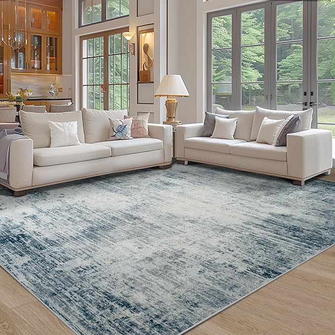 Area Rug 9x12 Washable Rugs: Abstract Large Living Room Rugs with Non-Slip Backing, Stain Resistant Indoor Floor Carpet for Bedroom Dining Room Table Nursery Hallway Home Office-Blue/Ivory-CubbioJoy