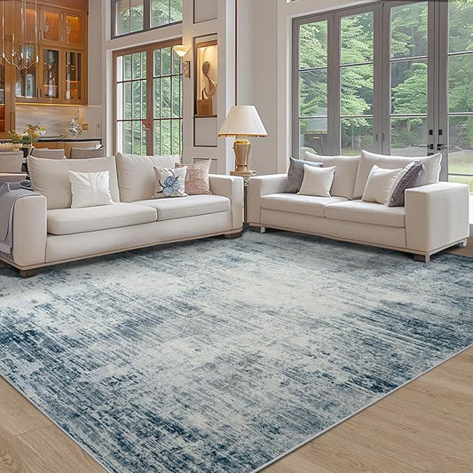 Area Rug 9x12 Washable Rugs: Abstract Large Living Room Rugs with Non-Slip Backing, Stain Resistant Indoor Floor Carpet for Bedroom Dining Room Table Nursery Hallway Home Office-Blue/Ivory-CubbioJoy
