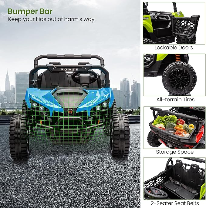 24V 2 Seater Ride On Car Truck, Power Wheels Kids UTV w/Parent Remote Control, 3.1 MPH Max Speed, Music Player, LED Lights & Storage, Electric Vehicle Ride On Toy for Kids Toddler Ages 3-8, Blue-CubbioJoy