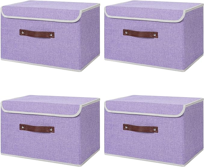 ANMINY 4PCS Storage Bins with Lid PU Leather Handles Storage Boxes PP Plastic Board Decorative Foldable Lidded Cotton Linen Fabric Home Cubes Baskets Closet Organizer Containers - Purple, Large Size-CubbioJoy