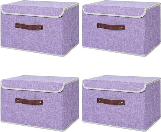 ANMINY 4PCS Storage Bins with Lid PU Leather Handles Storage Boxes PP Plastic Board Decorative Foldable Lidded Cotton Linen Fabric Home Cubes Baskets Closet Organizer Containers - Purple, Large Size-CubbioJoy
