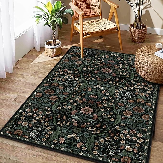 3x5 Black Boho Floral Vintage Area Rug,Soft Lightweight Low Pile Non-Shedding Carpet,Machine Washable Stain Resistant & Non-Slip for Entryway,Bedroom, Kids Room,Living Room-CubbioJoy