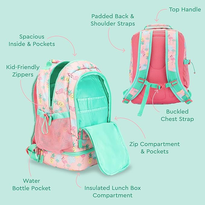 Bentgo Kids 2-in-1 Backpack & Insulated Lunch Bag - Durable 16” Backpack & Lunch Container in Unique Prints for School & Travel - Water Resistant, Padded & Large Compartments (Tropical)-CubbioJoy