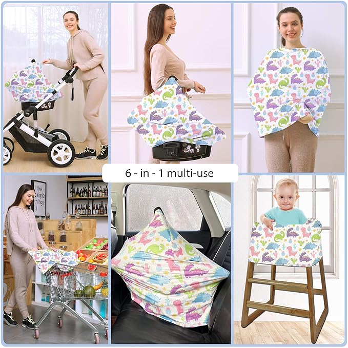 Car Seat Covers Canopy Cover - Multi-use Cover Carseat Canopy, Breathable Breastfeeding Cover, Car Seat Covers for Bbies, Boys & Girls Shower Gifts (Colorful Dinosaur)-CubbioJoy