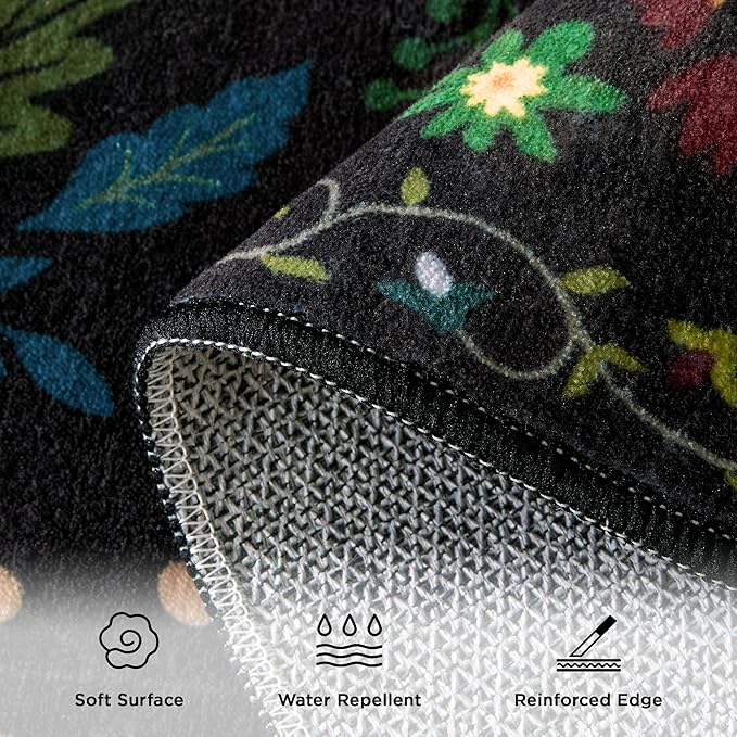 2x3 Washable Rug for Entryway, Floral Soft Small Area Rug, Non Slip Doormat Indoor Entrance Carpet, Flower Low Pile Front Door Throw Rug for Bedroom, Kitchen, Laundry, Bathroom, Black-CubbioJoy