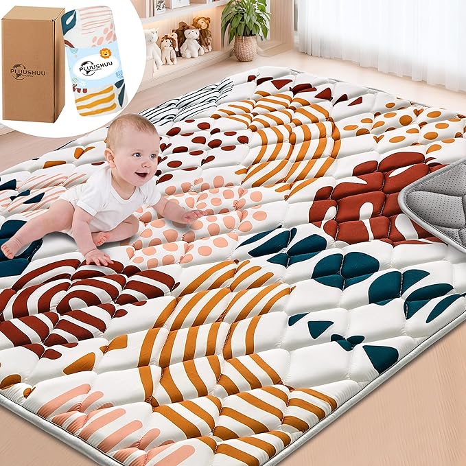 Baby Play Mats for Floor, 71x59 Playpen Mat for Babies, Extra Thicker & Soft Floor Crawling Mat, Foldable Non-Slip Playmat Cushioned for Infants Toddlers, Boho Leaf Design-CubbioJoy