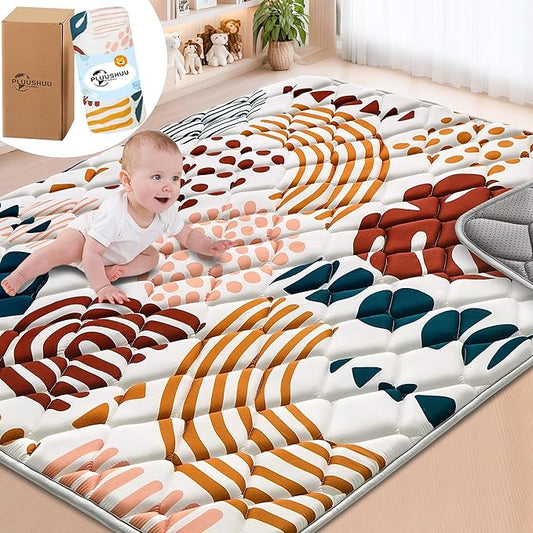 Baby Play Mats for Floor, 71x59 Playpen Mat for Babies, Extra Thicker & Soft Floor Crawling Mat, Foldable Non-Slip Playmat Cushioned for Infants Toddlers, Boho Leaf Design-CubbioJoy