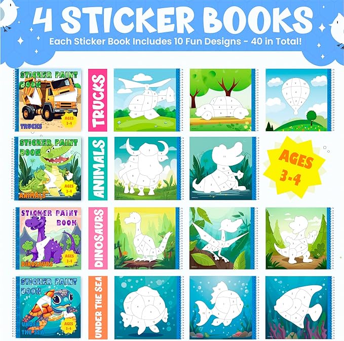 BulbaCraft 4Pcs Sticker Paint Books for Boys - Sticker Books by Number with Dinosaurs, Trucks, Animals and Under The Sea - Coloring Activity for Kids-CubbioJoy