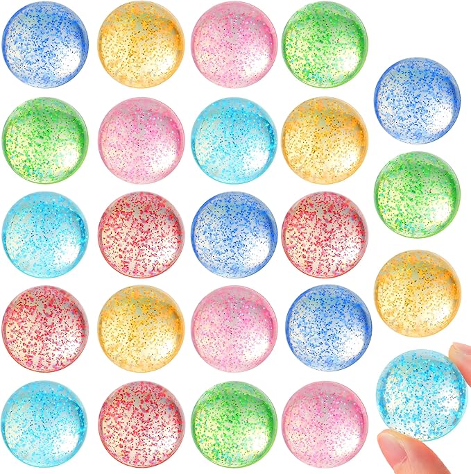 JOYIN 24 PCS Glitter Bouncy Balls, 6 Styles 32mm Assorted Bouncy Balls Bulk with Storage Bag, Bounce Toys for Kids Party Favors Birthdays Gifts Goodie Bags Stuffers Carnival Prizes-CubbioJoy