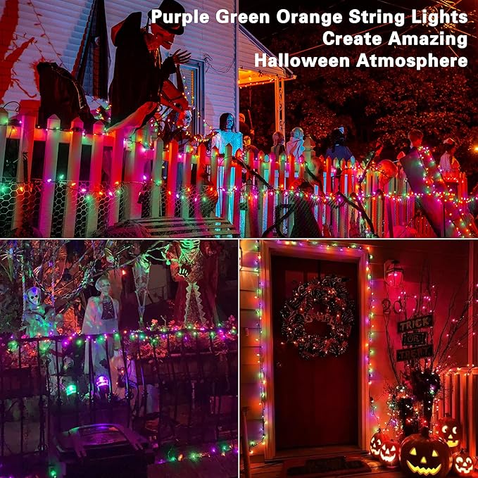 Brizled Purple Green Orange Halloween String Lights, 33ft 100 LED Halloween Lights Outdoor, 120V UL Listed Purple Orange String Light Connectable, Mini Tree Light Set for Holiday Tree Party Home Decor-CubbioJoy