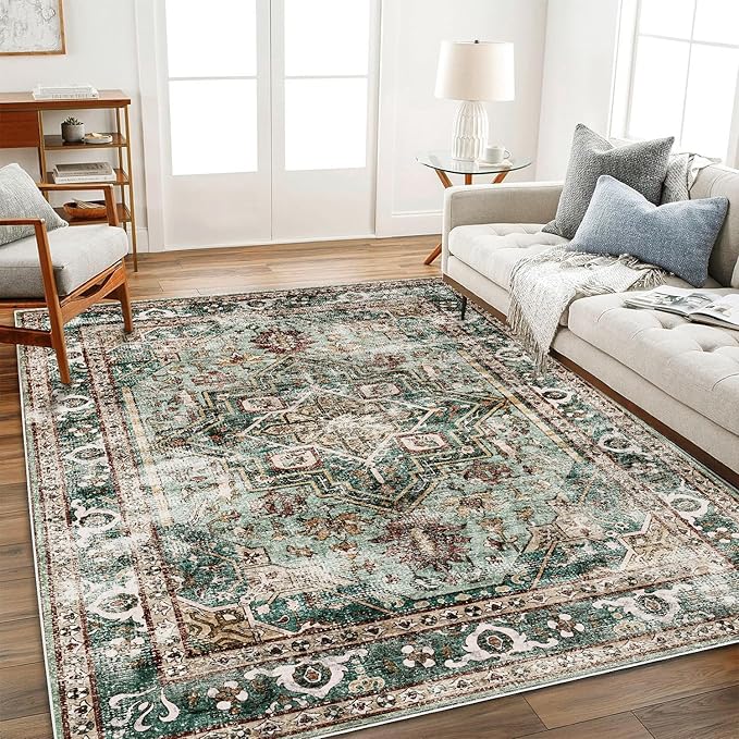 6'x9' Green Washable Area Rug Boho Chic Medallion Distressed Design Non-Shedding Easy Care Ideal for High Traffic Areas in Living Room Bedroom Office Kitchen Coffee Table Large Carpet-CubbioJoy