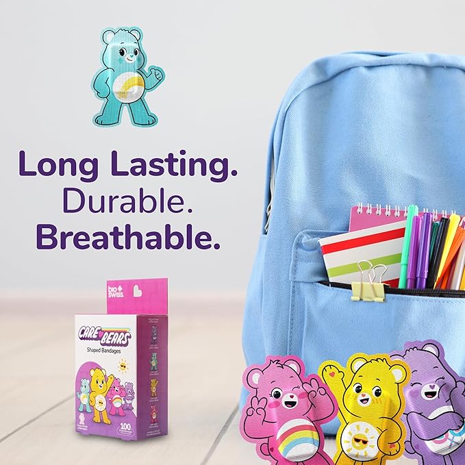 BioSwiss Care Bears Bandages, Unlock The Magic Care Bear Shaped Self Adhesive Bandage, Latex Free Sterile Wound Care, Fun First Aid Kit Supplies for Kids, 100 Count-CubbioJoy