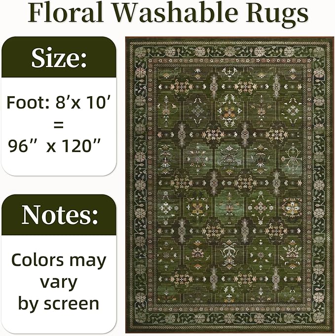 8x10 Washable Area Rug for Living Room, Non Slip Vintage Floral Print Rugs No Shedding, Distressed Thin Retro Accent Carpet for Bedroom Nursery Farmhouse Dining Room Dark Green-CubbioJoy