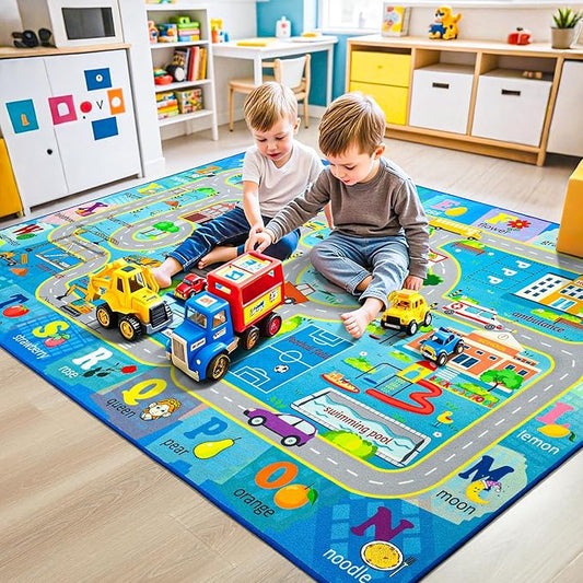 Chicrug 5x8 Car Road Area Rug for Kids Playroom Bedroom, Non Slip Low Pile Washable ABC Alphabet Carpet for Classroom, City Track Play Mat for Toddler Children Nursery Baby Room Decor, Blue-CubbioJoy