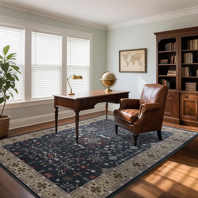 6x9 Washable Blue Area Rug for Living Room Bedroom, Boho Dining Room Rugs for Under Table, Large Low Pile Non-Slip Vintage Print Carpets for Farmhouse, Office, Dorm-CubbioJoy