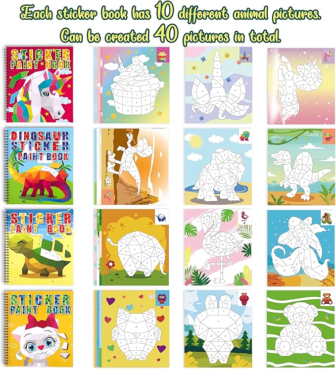 4PCS Crafts for Kids Ages 4-8 Sticker Books - Includes Dinosaur Llama Turtle and More Animal Designs Gift Party Create 40 Pictures-CubbioJoy