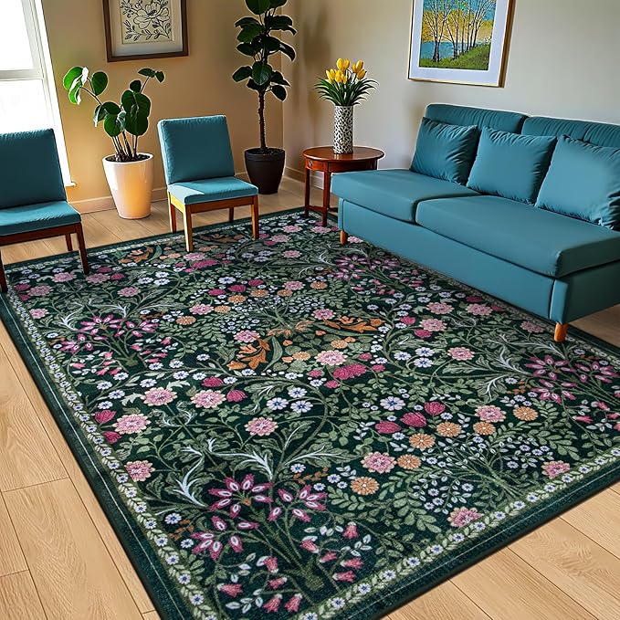 8x10 Area Rugs for Living Room: Floral Washable Rug Vintage Large Soft Boho Non-Slip Carpet Indoor Floor Stain Resistant Carpets for Bedroom Dining Room Farmhouse Nursery Home Office Dark Green-CubbioJoy