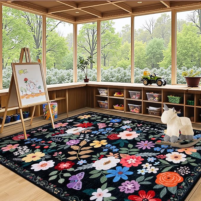6x9 Area Rugs for Living Room: Floral Washable Rug Vintage Large Soft Boho Non-Slip Carpet Indoor Floor Stain Resistant Thin Carpets for Bedroom Dining Room Farmhouse Nursery Hallway Home Office Black-CubbioJoy