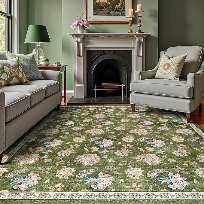 jinchan 8x10 Floral Rug for Living Room Washable Bedroom Rug Vintage Romance Design Non Slip Thin Indoor Floor Cover Large Low-Profile Throw Carpet for Dining Room Office, Green-CubbioJoy