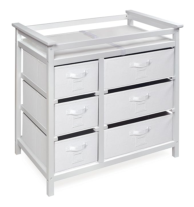 Badger Basket Modern Baby Changing Table - Diaper Station Organizer with 6 Storage Drawers, Reversible Baskets, Safety Rails - Baby Nursery Furniture with Changing Pad and Belt - White-CubbioJoy