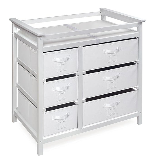 Badger Basket Modern Baby Changing Table - Diaper Station Organizer with 6 Storage Drawers, Reversible Baskets, Safety Rails - Baby Nursery Furniture with Changing Pad and Belt - White-CubbioJoy