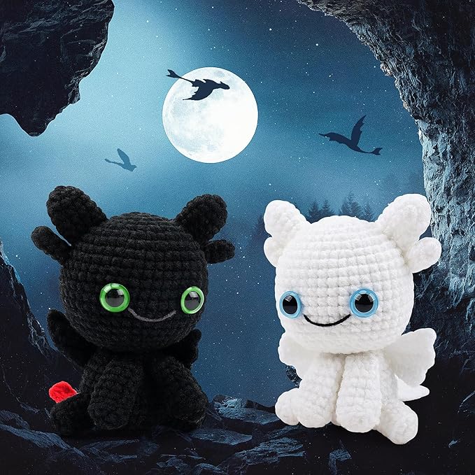 Dragon Crochet Kit for Beginners, 2PCS Black and White Dragon Crochet Animal Kit with Step-by-Step Video Tutorials, Crocheting Kits, Crochet Starter Kit for Kid and Adult, Stuffed Animal Knitting Kits-CubbioJoy