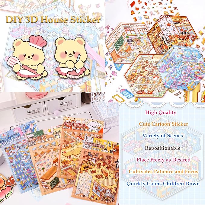 DIY 3D Sticker Scene 4 Sets of Scene Stickers Make Your Own Mini Shop Sticker Cute Miniature Cartoon Therapy Stickers for Kids Adult-CubbioJoy