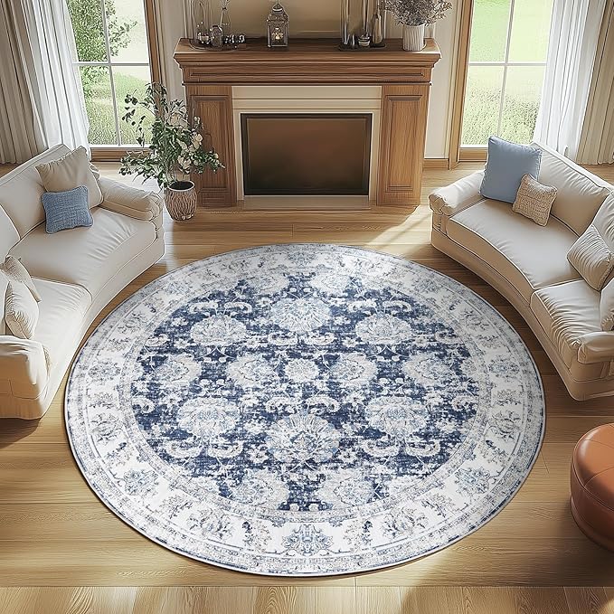 jinchan Round Rug 7ft Area Rugs Vintage Floral Distressed Design Machine Washable Non-Slip Low-Pile Ultra-Thin Circle Rug for Living Room Dining Room Bedroom Home Office Farmhouse (7' Round,Dark Blue)-CubbioJoy