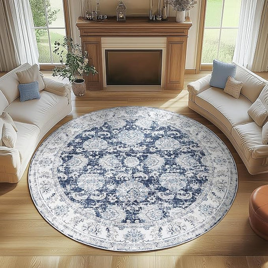 jinchan Round Rug 7ft Area Rugs Vintage Floral Distressed Design Machine Washable Non-Slip Low-Pile Ultra-Thin Circle Rug for Living Room Dining Room Bedroom Home Office Farmhouse (7' Round,Dark Blue)-CubbioJoy