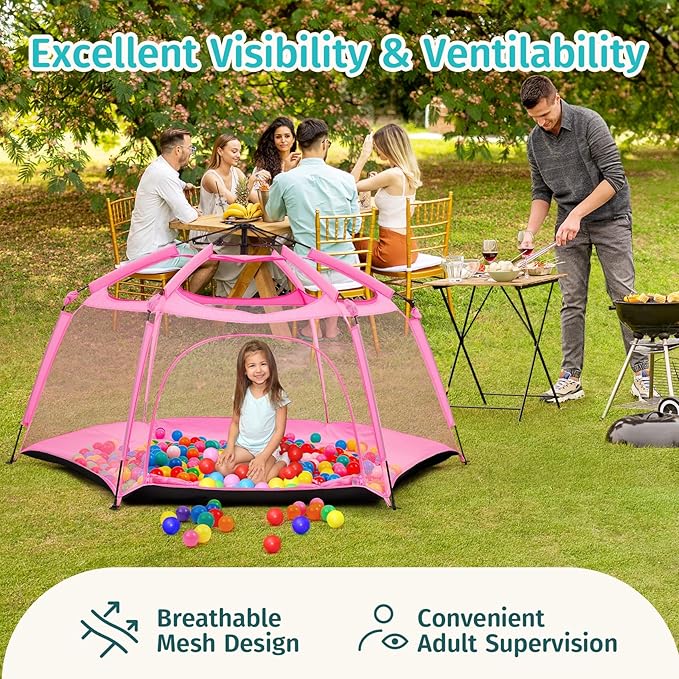 Alvantor Pop Up Playpen- 7'x7'x44”Baby Playpen Large Kids Play Tent Portable and Foldable Playpen Indoor/Outdoor Play Yard with Protective Mesh, UV SPF 50+ Sunshade, and Soft Foam Floor, Pink-CubbioJoy