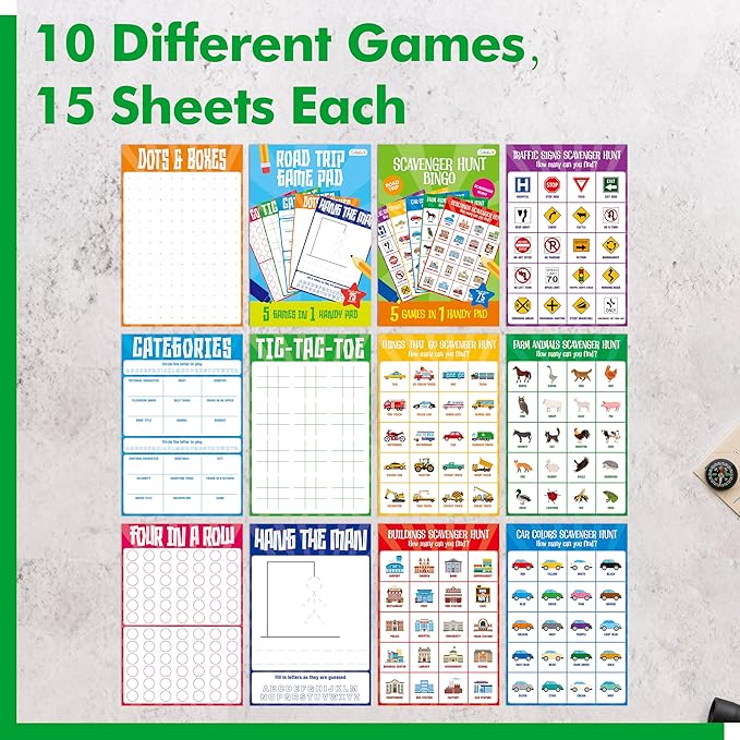 2 Pack Road Trip Game Pads, 10 Games (Categories, Dot & Boxes, Tic-tac-Toe, Scavenger Hunt Bingo), Pen Pencil Paper Game, Plane Trip/Car Travel/Getaway Activity Pad for Kid, Adult-CubbioJoy