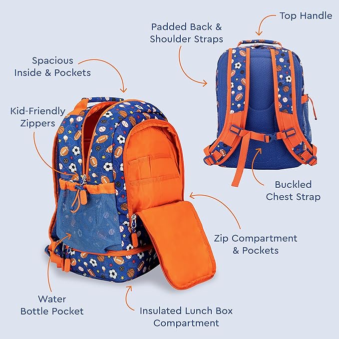 Bentgo Kids 2-in-1 Backpack & Insulated Lunch Bag - Durable 16” Backpack & Lunch Container in Unique Prints for School & Travel - Water Resistant, Padded & Large Compartments (Sports)-CubbioJoy