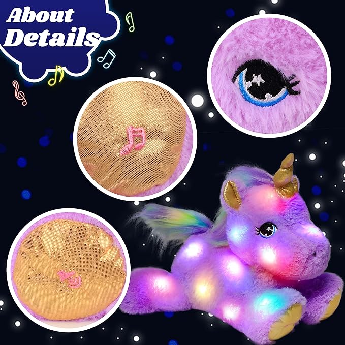 Cuteoy Glowing LED Light-up Purple Unicorn Nightlight Toys Musical Plush Stuffed Animal Singing Lullabies Birthday Christmas Plushies Gifts for Kids Boys Girls,13"-CubbioJoy
