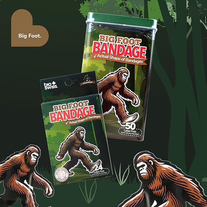 BioSwiss Bandages, Bigfoot Shaped Self Adhesive Bandage, Latex Free Wound Care, Fun First Aid Kit Supplies for Kids and Adults, 24 Count-CubbioJoy