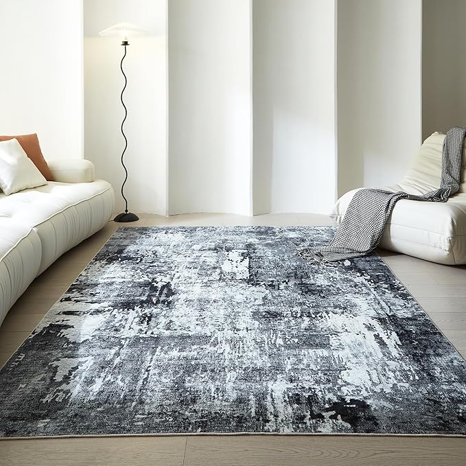 6x9 Rug Washable Bedroom Rug Large Soft Area Rug Abstract Pattern Non-Slip Faux Wool Vintage Rug for Living Room, Farmhouse, Dining Room, Kids Playroom, Grey and Black-CubbioJoy