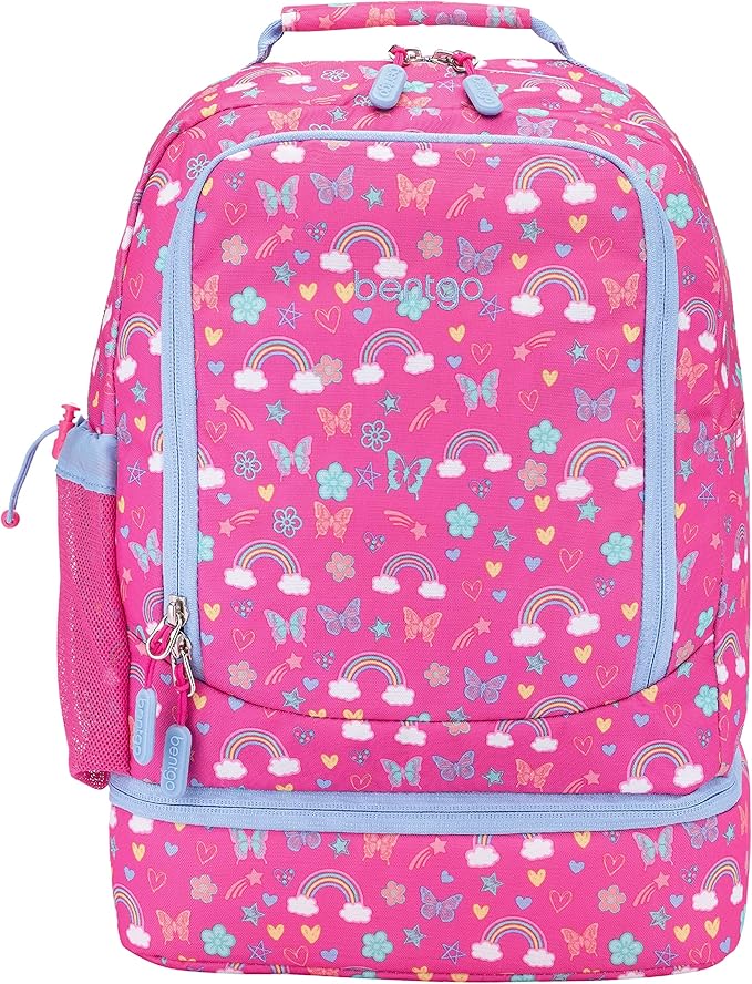Bentgo Kids 2-in-1 Backpack & Insulated Lunch Bag - Durable 16” Backpack & Lunch Container in Unique Prints for School & Travel - Water Resistant, Padded & Large Compartments (Rainbows & Butterflies)-CubbioJoy